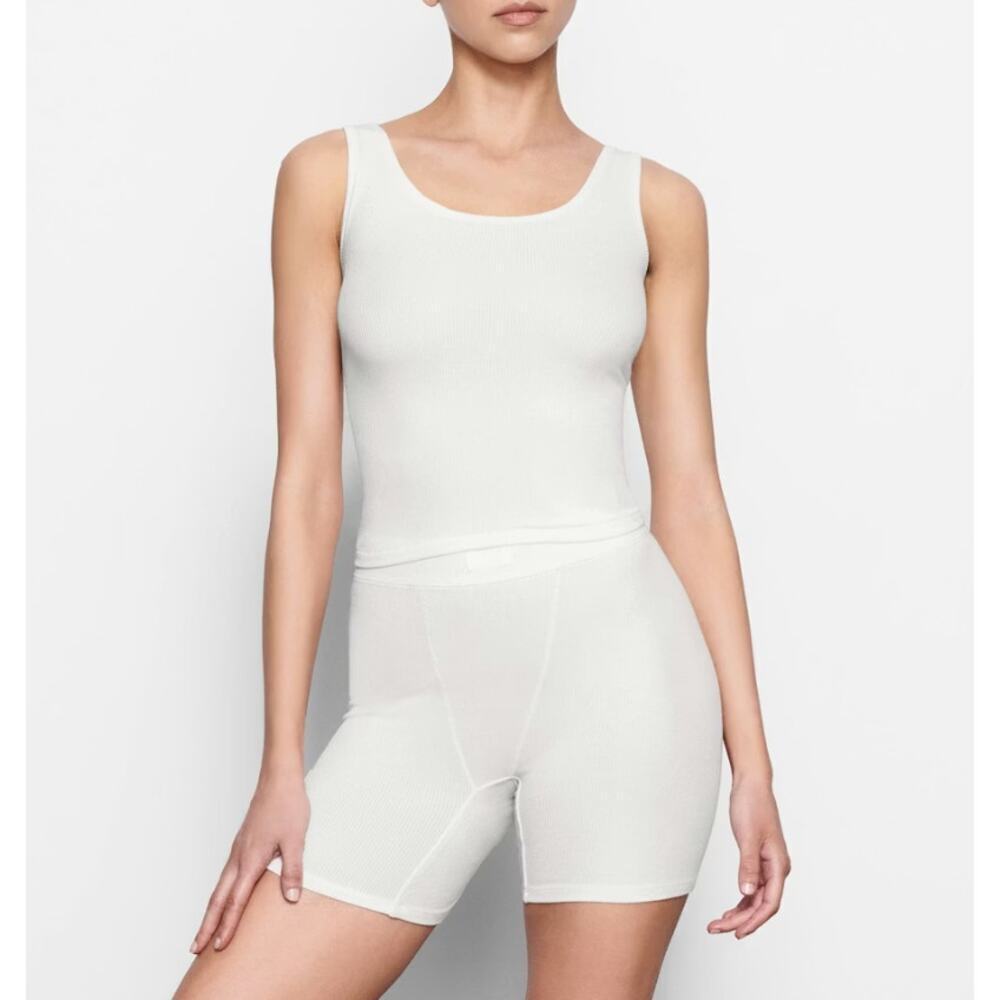 SKIMS Ribbed Lounge Tank & Boxer Shorts Set Marble Cream 2X / 3X